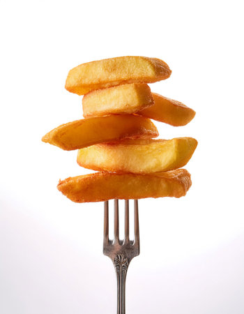 Stack of perfectly french fried on vintage fork floating or flying isolated on clean white...