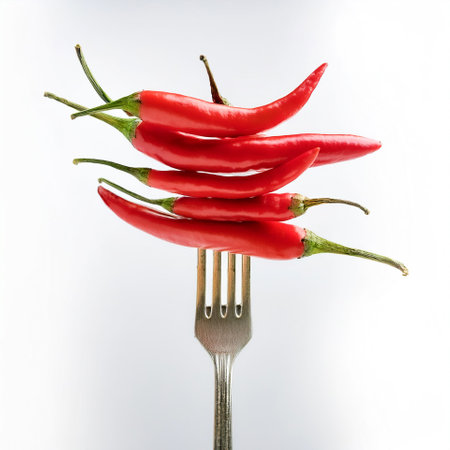 Stack of Red chili peppers on vintage fork floating or flying isolated on clean white backgroundの写真素材