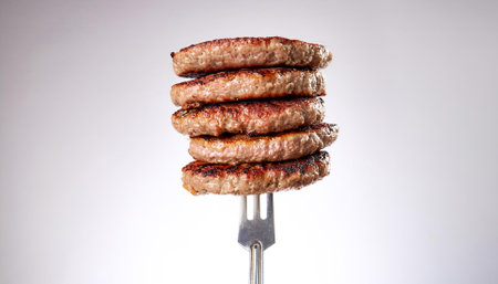 Stack of perfectly grilled hamburger patties with grill marks on vintage fork floating or flying...