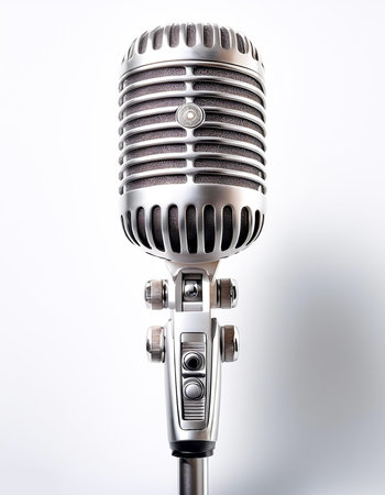Vintage silver microphone isolated on white backgroundの写真素材