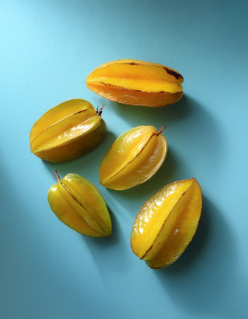 Averrhoa carambola, starfruit fruit, isolated on a pastel blueの写真素材
