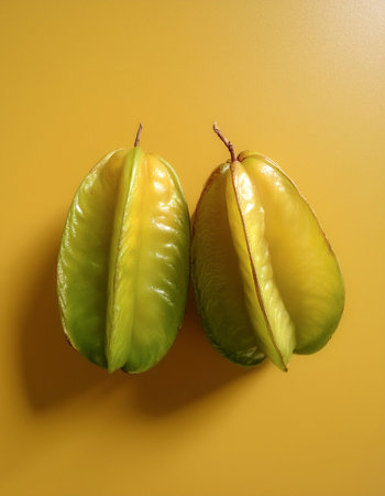 Averrhoa carambola, starfruit fruit, isolated on a pastel yellowの写真素材