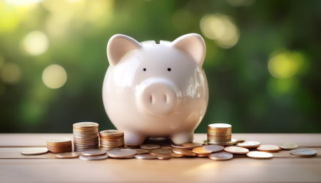 Piggybank with coins on blur green bokeh backgroundの写真素材