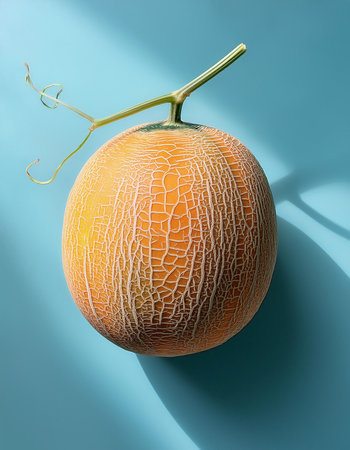 Cantaloupe Fruit, isolated on a pastel blueの写真素材