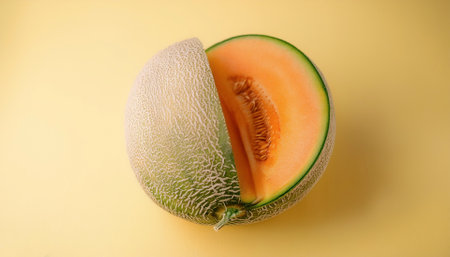 Cantaloupe fruits, isolated on a pastel yellowの写真素材