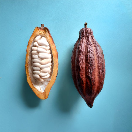 Cocoa Fruit, isolated on a pastel blueの写真素材