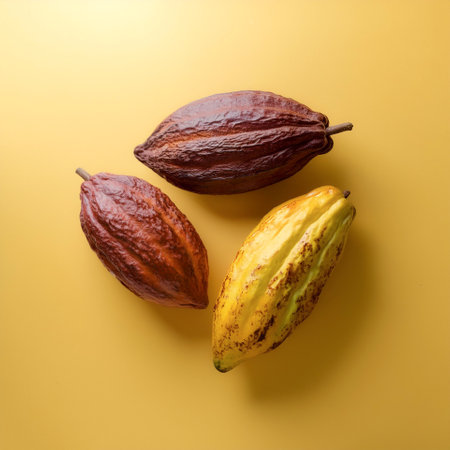 Cocoa fruits, isolated on a pastel yellowの写真素材