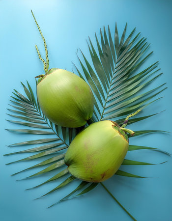 Green Coconut Fruit, isolated on a pastel blueの写真素材