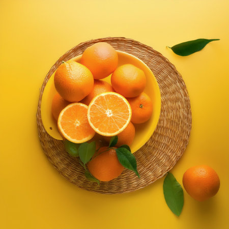 orange fruits, isolated on a pastel yellowの写真素材