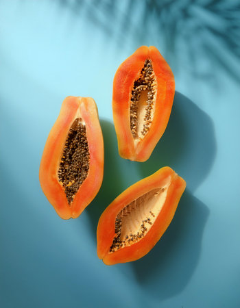 Papaya Fruit, isolated on a pastel blueの写真素材