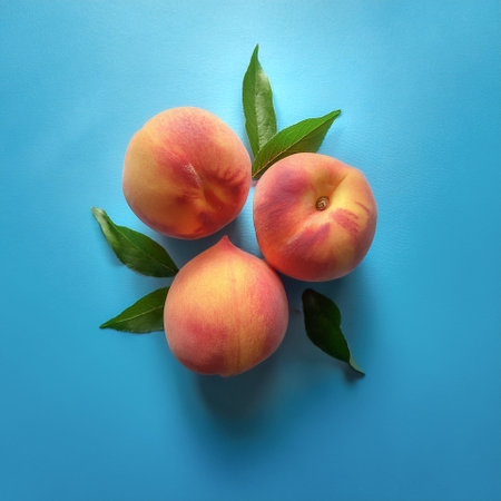 Peach fruit, isolated on a pastel blueの写真素材