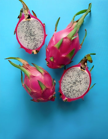 Dragon fruit fruit, isolated on a pastel blueの写真素材