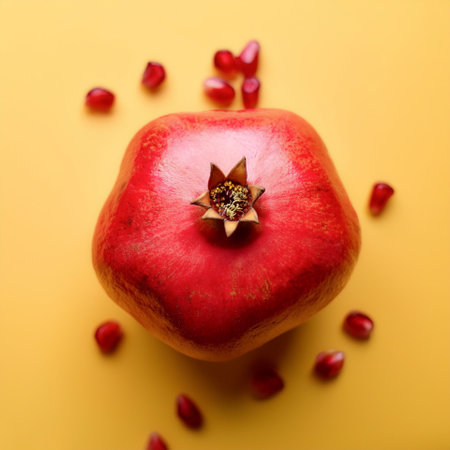 Pomegranate fruits, isolated on a pastel yellowの写真素材