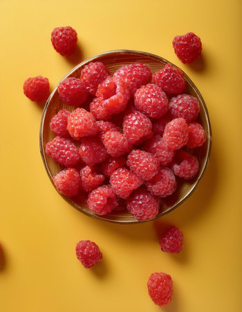 raspberry fruit, isolated on a pastel yellowの写真素材