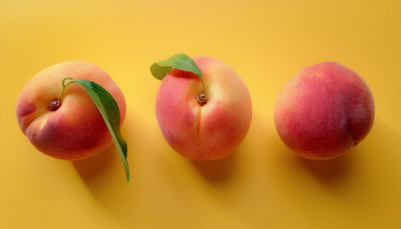 Peach isolated on a pastel yellowの写真素材