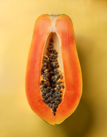 Papaya isolated on a pastel yellowの写真素材