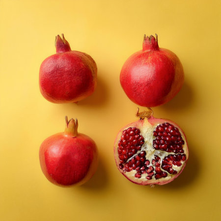 Pomegranate fruits, isolated on a pastel yellowの写真素材
