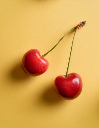 Cherry fruits, isolated on a pastel yellowの写真素材