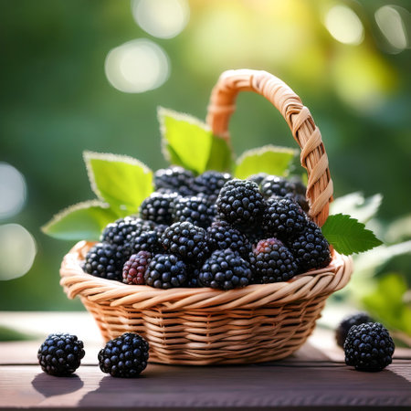 blackberries in basket with blur green bokeh backgroundの写真素材