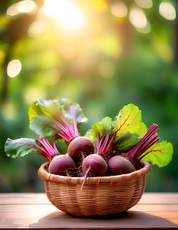 Beetroot in Bamboo basket with blur green bokeh backgroundの写真素材