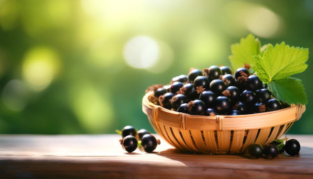 Blackcurrant in Bamboo basket with blur green bokeh backgroundの写真素材
