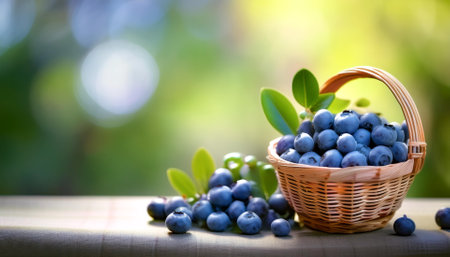 blueberry in Bamboo basket with blur green bokeh backgroundの写真素材
