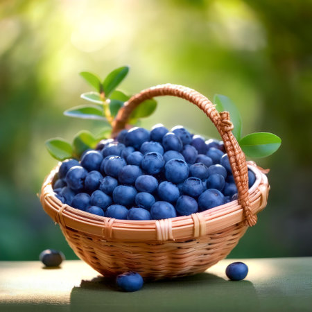 blueberry in Bamboo basket with blur green bokeh backgroundの写真素材