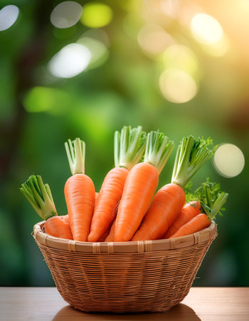 Carrot Vegetables in Bamboo basket with blur green bokeh backgroundの写真素材