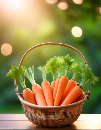Carrot Vegetables in Bamboo basket with blur green bokeh backgroundの写真素材