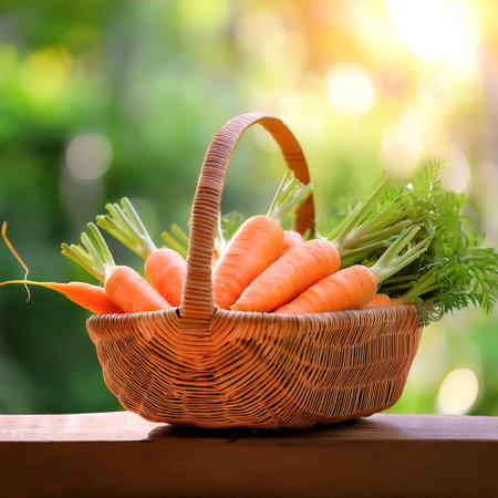 Carrot Vegetables in Bamboo basket with blur green bokeh backgroundの写真素材