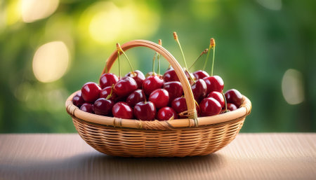 Cherry in Bamboo basket with blur green bokeh backgroundの写真素材