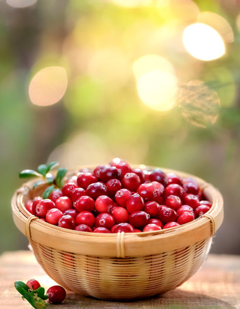 Cranberry Fruit in Bamboo basket with blur green bokeh background