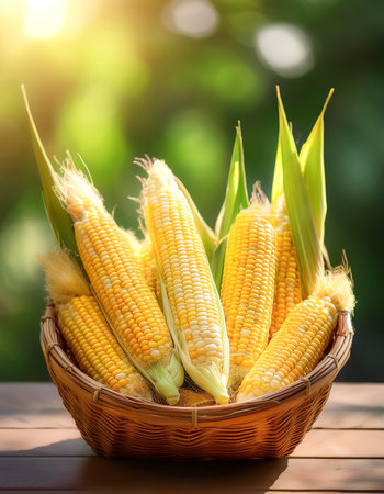 Corn in Bamboo basket with blur green bokeh backgroundの写真素材