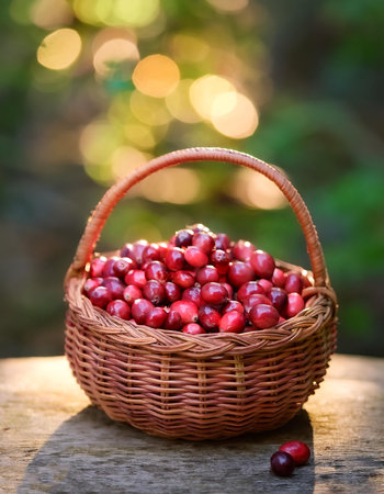 Cranberry Fruit in Bamboo basket with blur green bokeh backgroundの写真素材