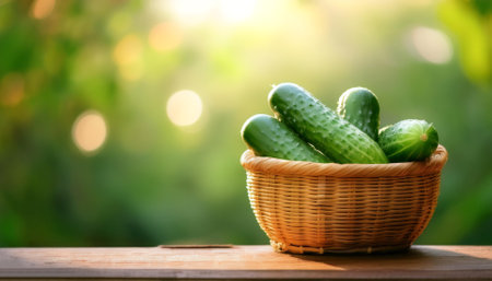 Cucumber in Bamboo basket with blur green bokeh backgroundの写真素材