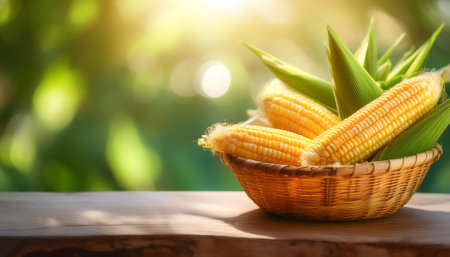 Corn in Bamboo basket with blur green bokeh backgroundの写真素材
