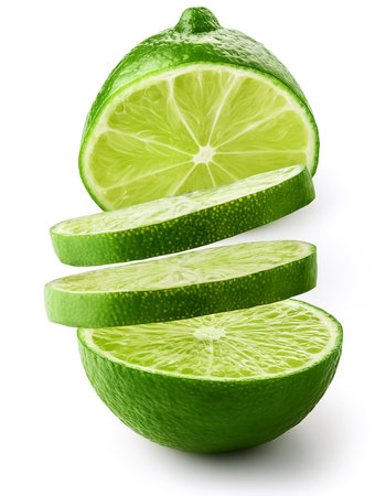 Cuts or slices lime fruit isolated on white