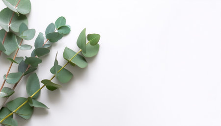 Eucalyptus with leaves pattern on side position provides copy space for text. background concept isolated whiteの写真素材