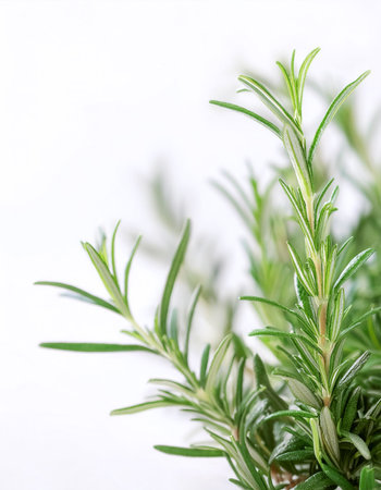 close up Rosemary on side position provides copy space for text. background concept isolated whiteの写真素材