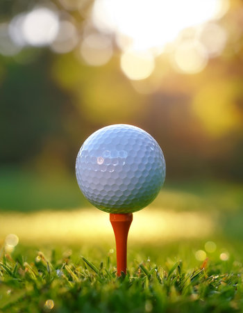 Close-up golf ball on tee with blur green bokeh backgroundの写真素材