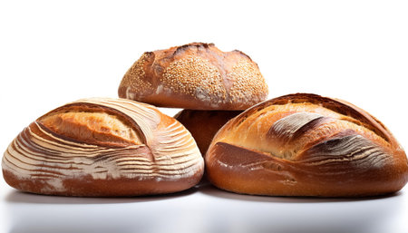 An array of freshly baked sourdough breads with distinct artisanal patterns, isolated on a white backgroundの写真素材