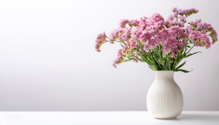A delicate display of pink limonium sinuatum, statice, flowers in a simple white vase on side...