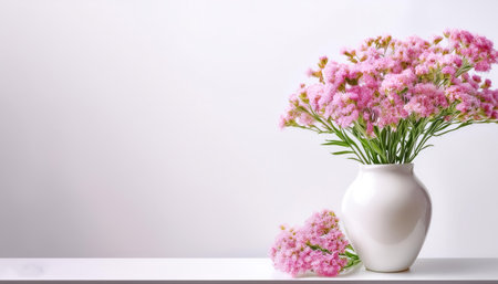 A delicate display of pink limonium sinuatum, statice, flowers in a simple white vase on side position provides copy space for text. background concept isolated whiteの写真素材
