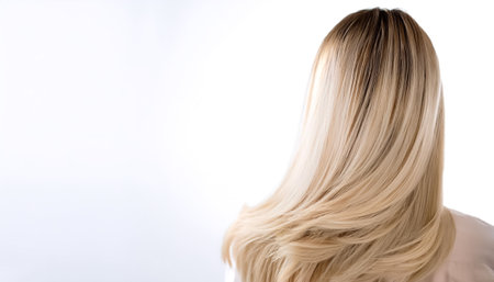 blonde hair in back side on side position provides copy space for text. background concept isolated whiteの写真素材