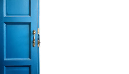blue vintage antique wooden door on side position provides copy space for text. background concept isolated whiteの写真素材