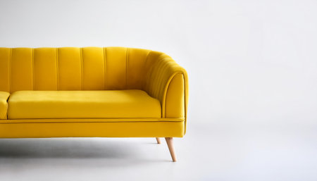 Yellow Chic modern sofa with button tufts and angular wooden legs on side position provides copy...