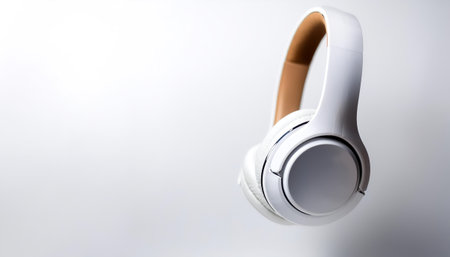 White metallic white wireless headphones in the air on side position provides copy space for text. background concept isolated whiteの写真素材