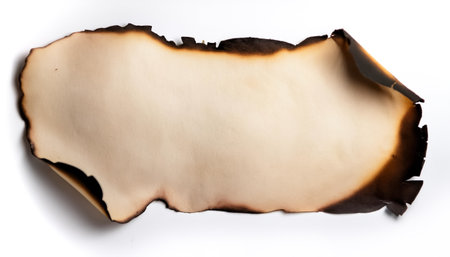 A piece of old parchment paper displaying burnt edges on side position provides copy space for text. background concept isolated whiteの写真素材
