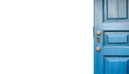 blue vintage antique wooden door on side position provides copy space for text. background concept...