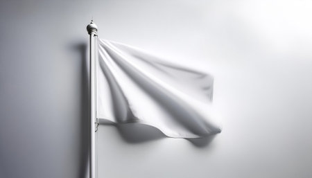 Plain white flag waving on a pole on side position provides copy space for text. background concept...